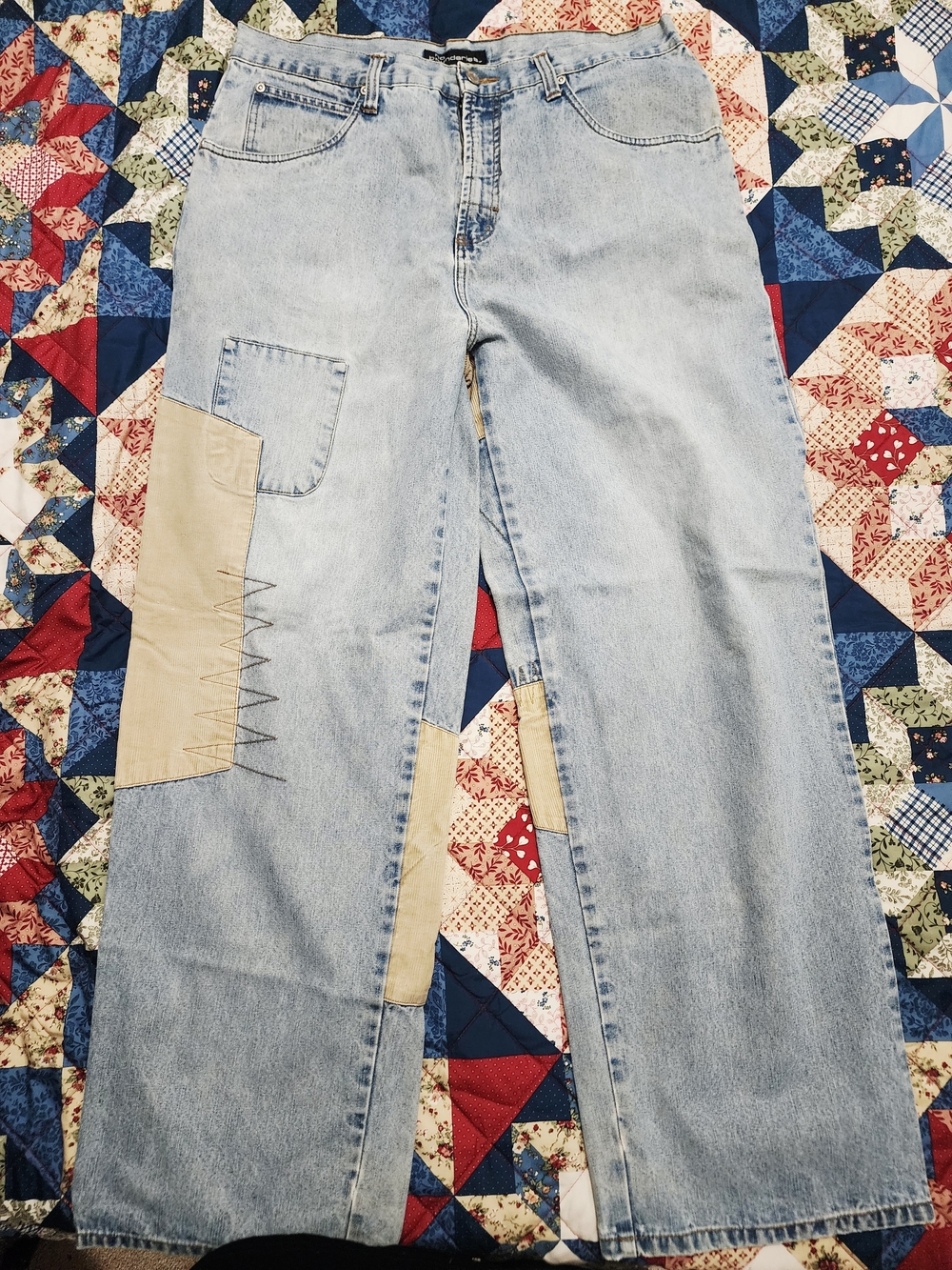 No Boundaries Light Wash Straight Leg Jeans with Beige Patchwork